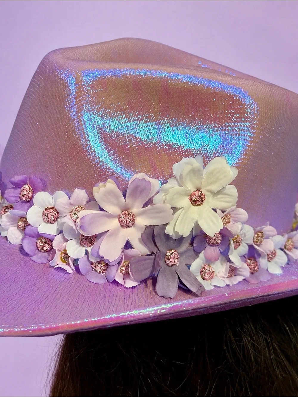 Iridescent Purple Cowboy Hat with Handmade Floral Hat Band